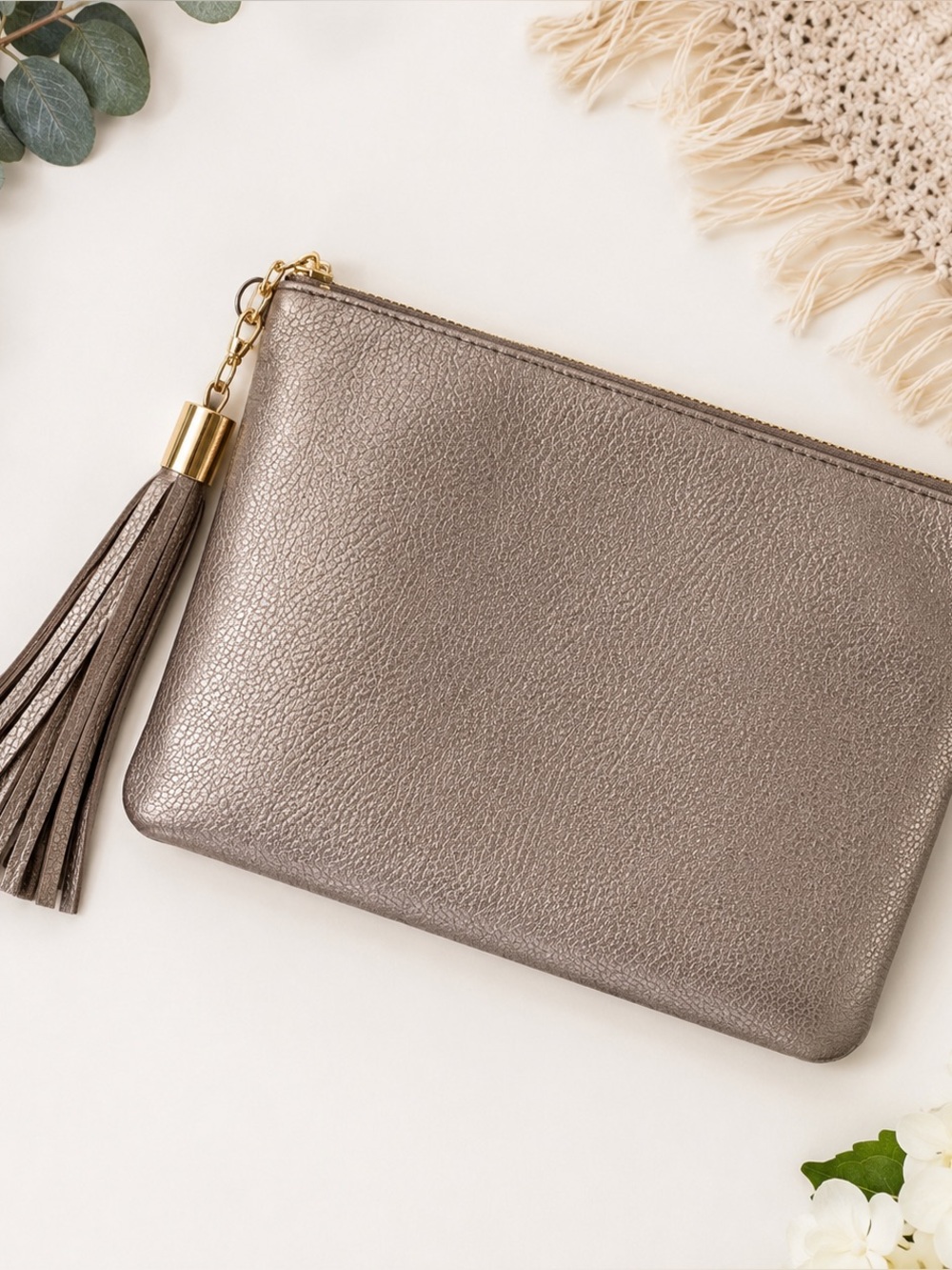 Merona Metallic Taupe Wristlet Clutch Zip Pouch Tassel Faux Leather